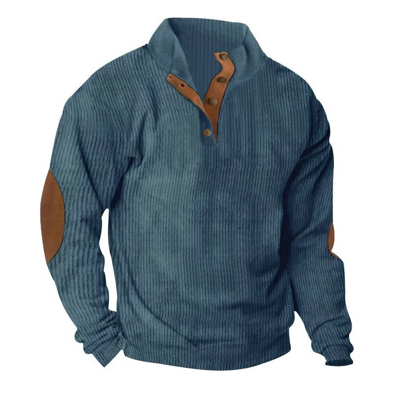 Button Neck Pullover Sweater with Fleece Lining and Elbow Patches, Machine Washable