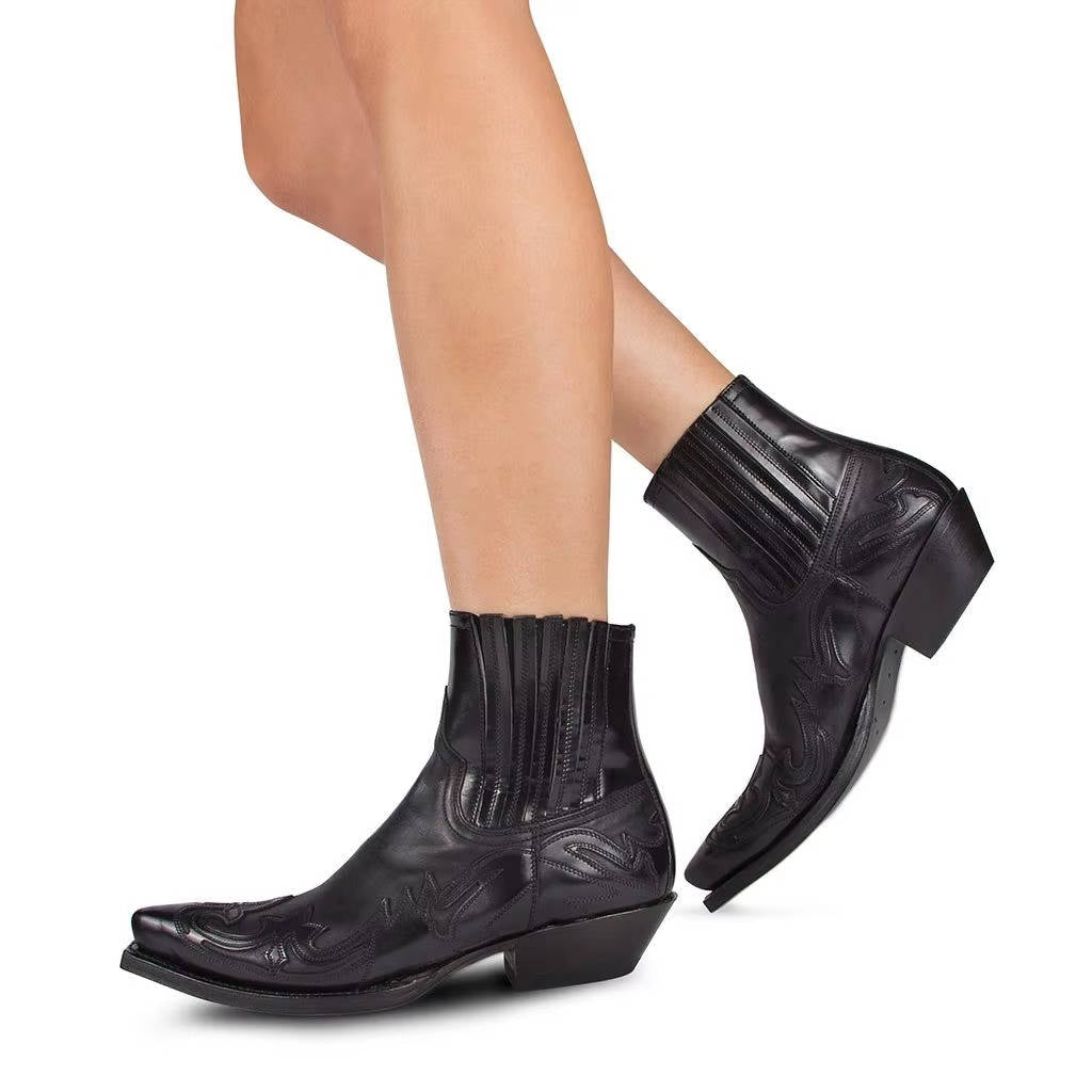 Embroidered Western Ankle Boots with Pointed Toe and Rubber Grip Outsole for Women