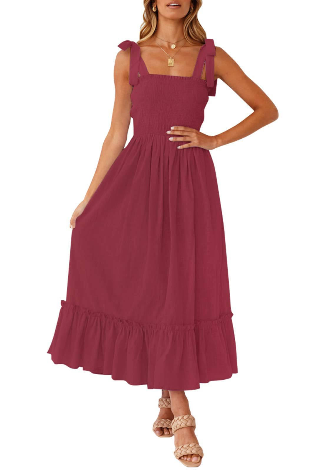 Womens Boho Maxi Dress, Square Neck Spaghetti Strap Ruffle a Line Beach Dress