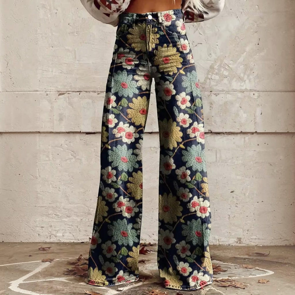 High Waisted Bell Bottom Pants with Floral Print and Stretch Fabric