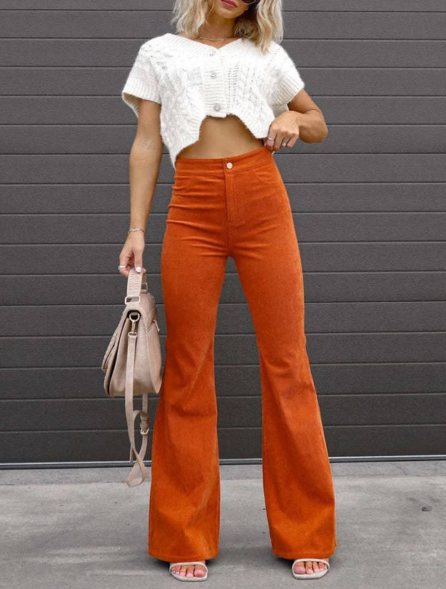 Stretchy High-Rise Corduroy Flare Pants with Four Functional Pockets