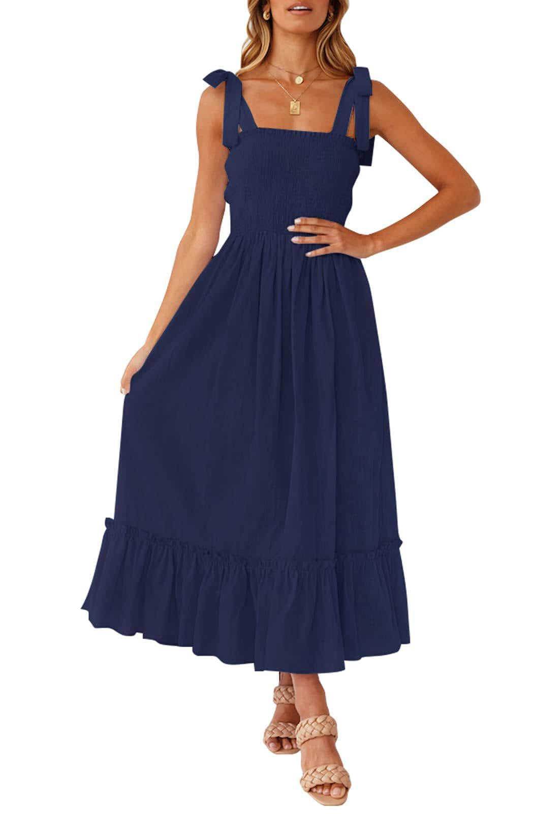 Womens Boho Maxi Dress, Square Neck Spaghetti Strap Ruffle a Line Beach Dress