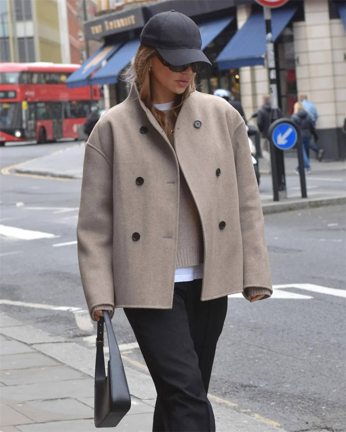 Cropped Wool Blend Peacoat with Double Breasted Closure and Stand Collar