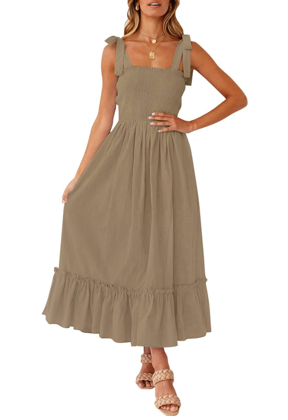 Womens Boho Maxi Dress, Square Neck Spaghetti Strap Ruffle a Line Beach Dress