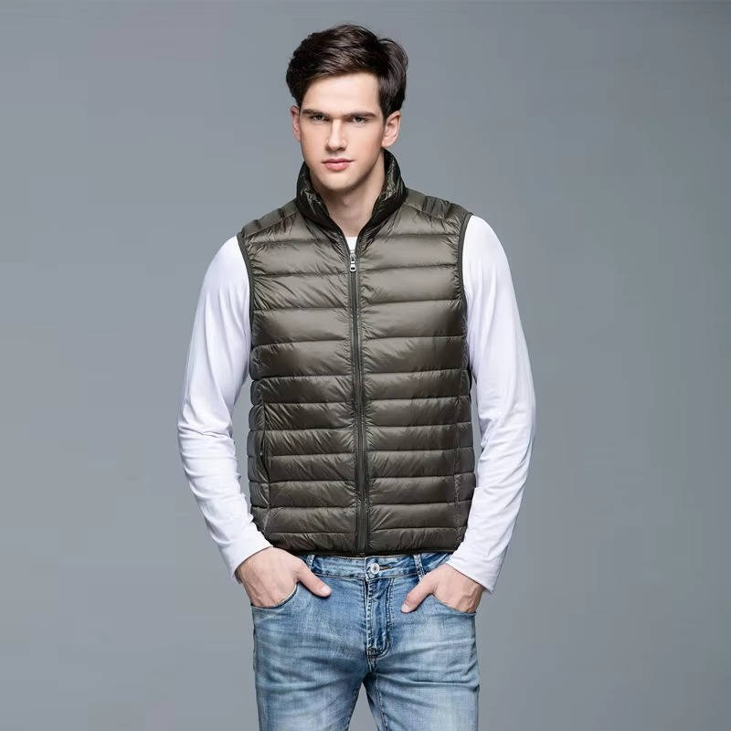 Down Vest with Stand Up Collar and Three Pockets, Water Resistant Shell