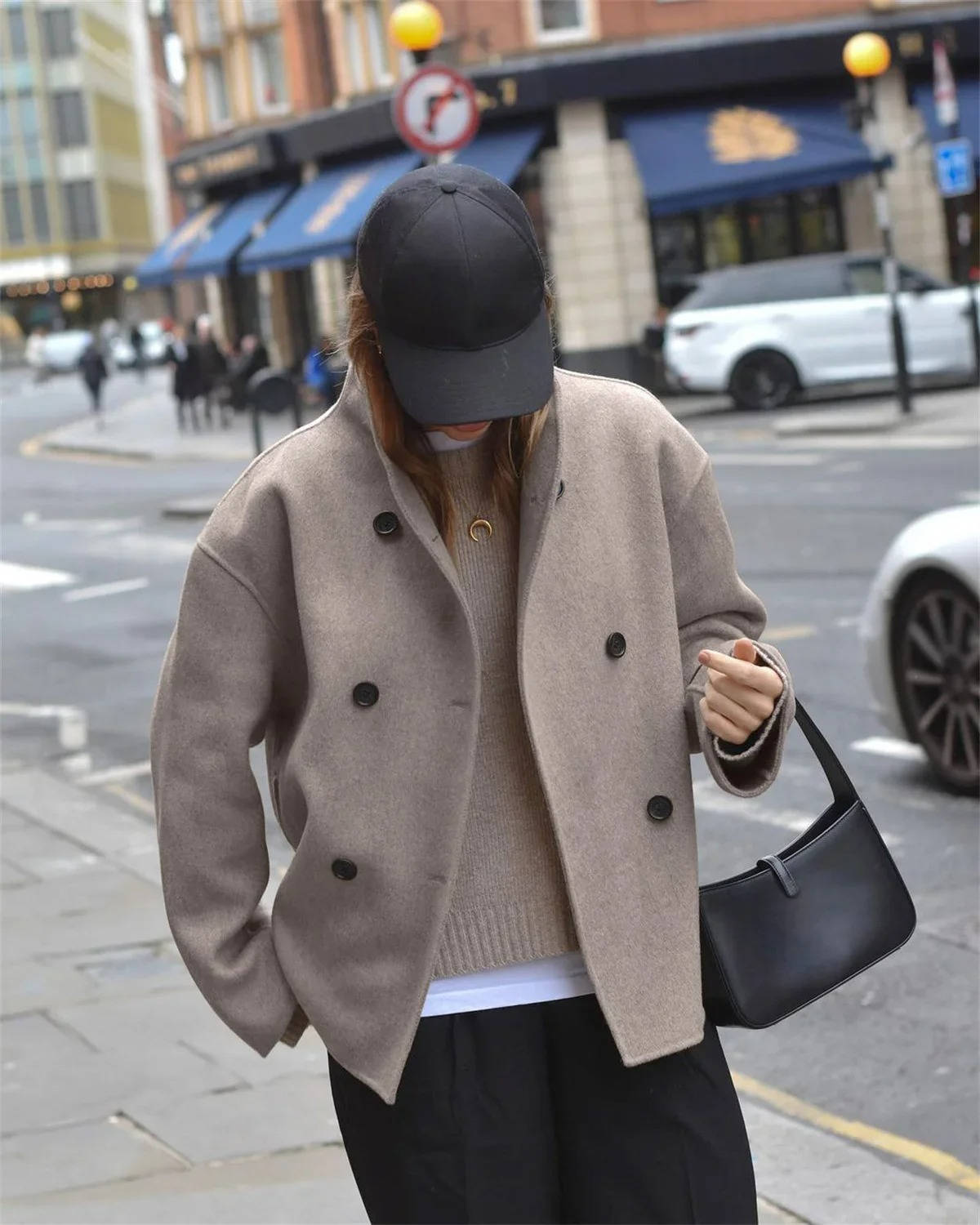 Cropped Wool Blend Peacoat with Double Breasted Closure and Stand Collar