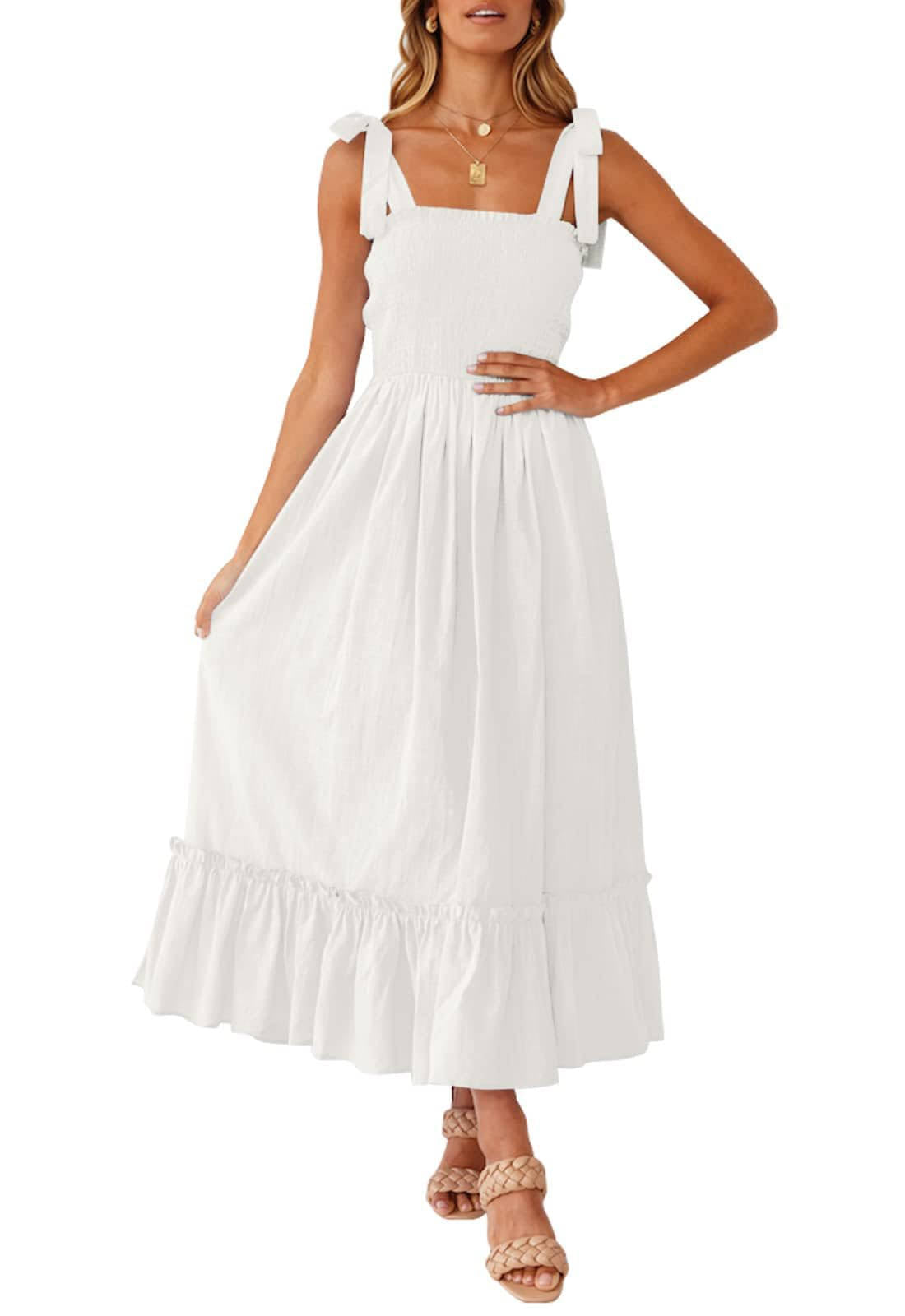 Womens Boho Maxi Dress, Square Neck Spaghetti Strap Ruffle a Line Beach Dress