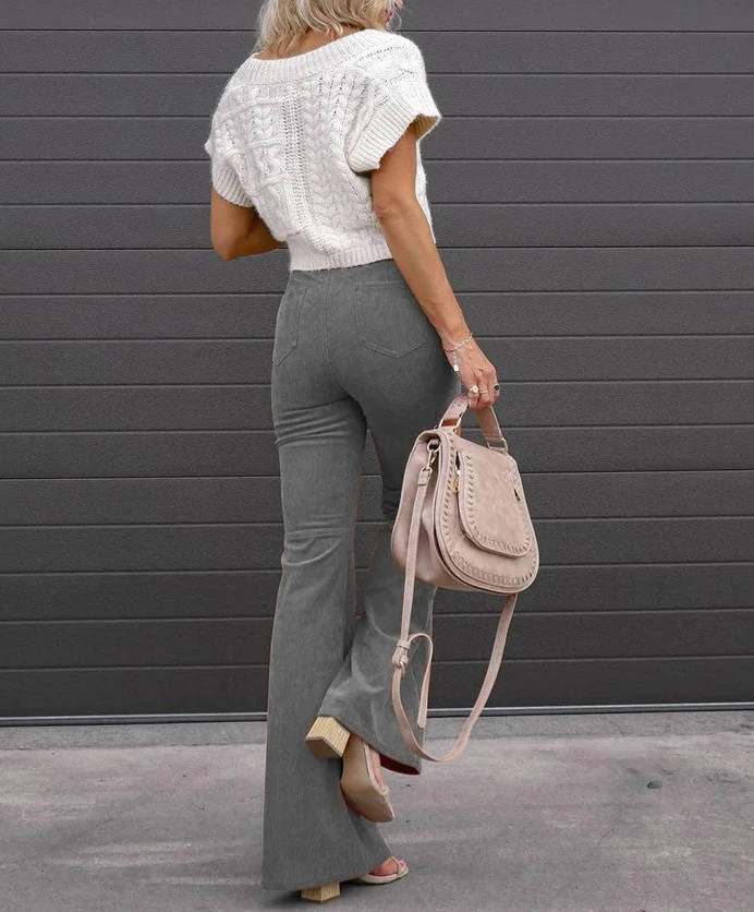 Stretchy High-Rise Corduroy Flare Pants with Four Functional Pockets
