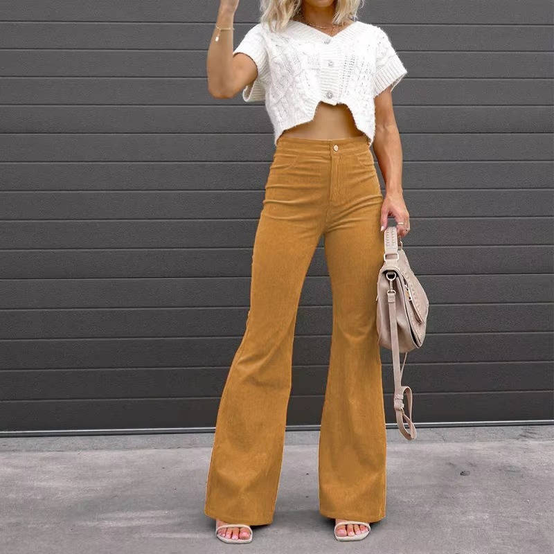 Stretchy High-Rise Corduroy Flare Pants with Four Functional Pockets