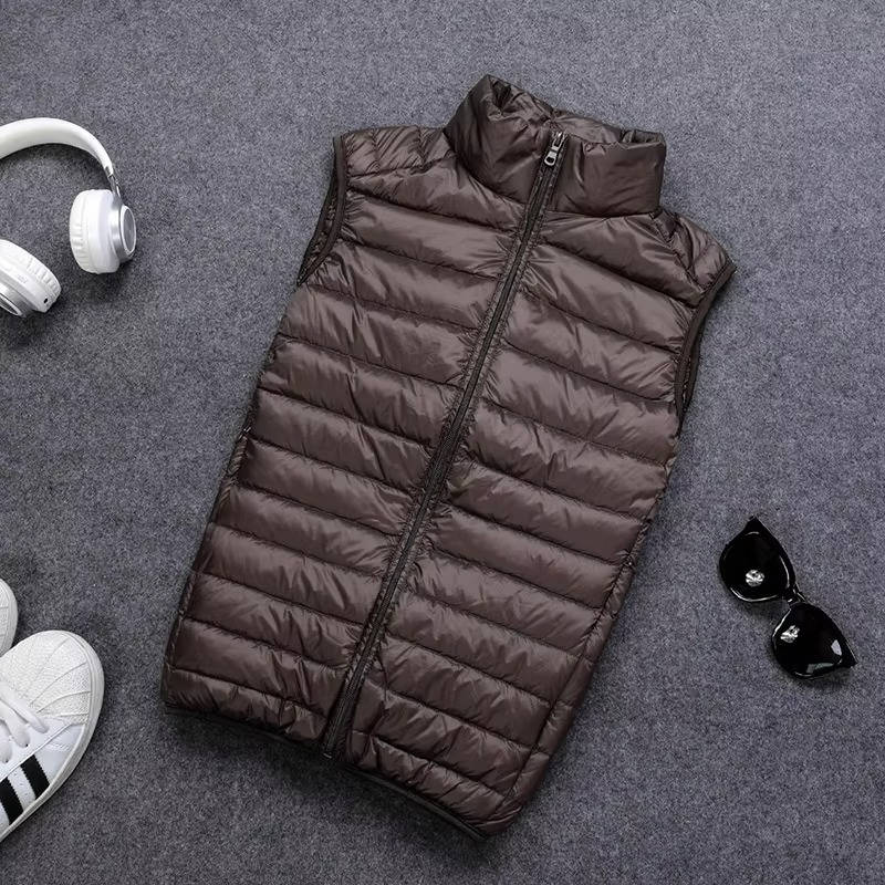Down Vest with Stand Up Collar and Three Pockets, Water Resistant Shell