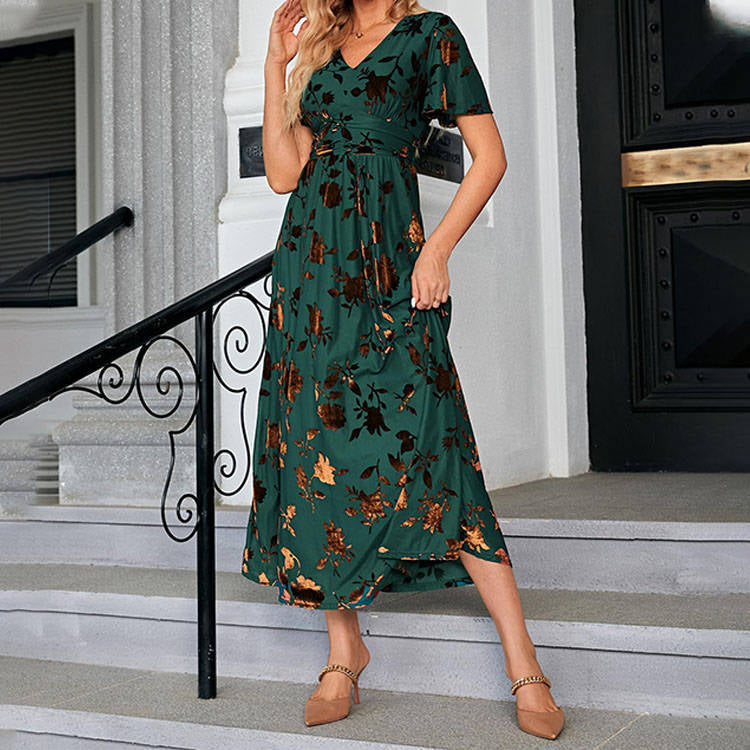 Womens Velvet Maxi Dress, V Neck Short Sleeve Empire Waist Long Formal Dress for Wedding Guests and Special Events