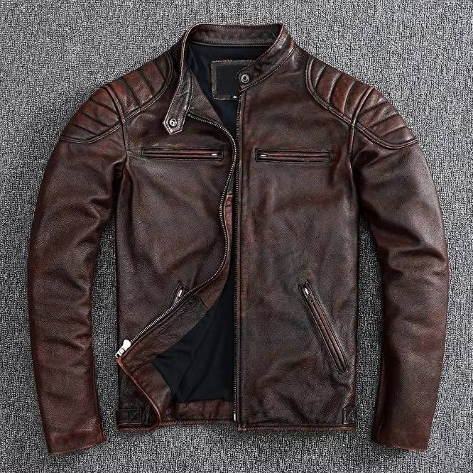 Quilted Motorcycle Jacket with Snap Collar and Four Pockets, Full Length Zipper