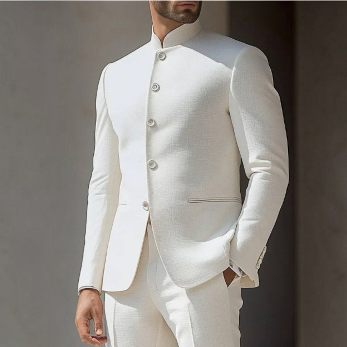 Mens Slim Fit Formal Suit with High Nehru Collar and Polyester Viscose Blend