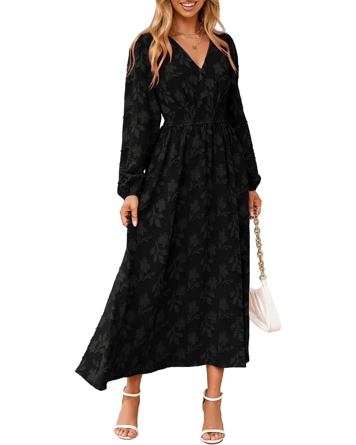Womens Floral Maxi Dress, Long Sleeve V Neck Empire Waist Boho Fall Wedding Guest Dress with Pockets