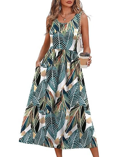 Womens Little Dress, Flowy Casual Midi Beach Vacation Sundress with Pockets