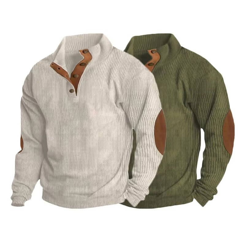 Button Neck Pullover Sweater with Fleece Lining and Elbow Patches, Machine Washable