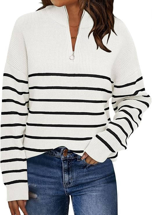 Womens Striped Quarter Zip Sweater - Oversized Mock Neck Knit Pullover