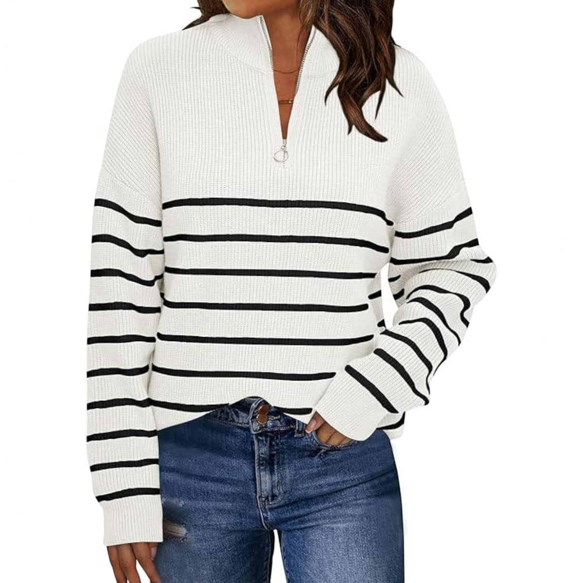 Womens Striped Quarter Zip Sweater - Oversized Mock Neck Knit Pullover