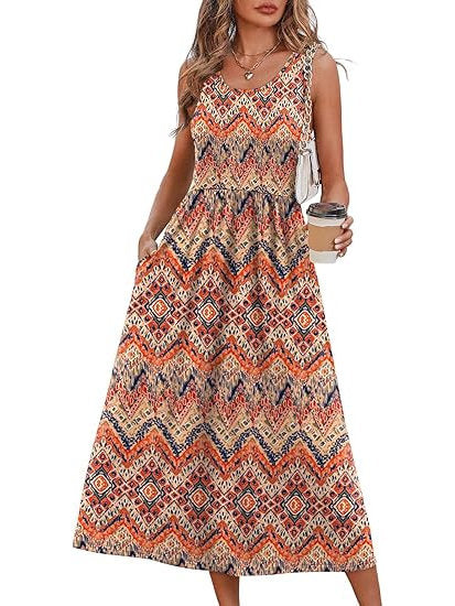 Womens Little Dress, Flowy Casual Midi Beach Vacation Sundress with Pockets