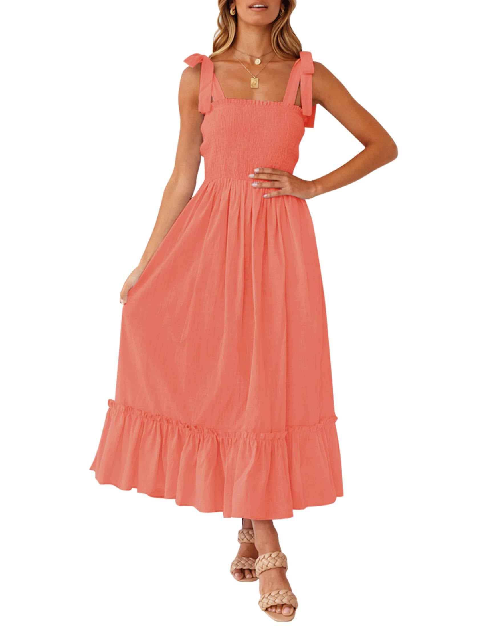 Womens Boho Maxi Dress, Square Neck Spaghetti Strap Ruffle a Line Beach Dress