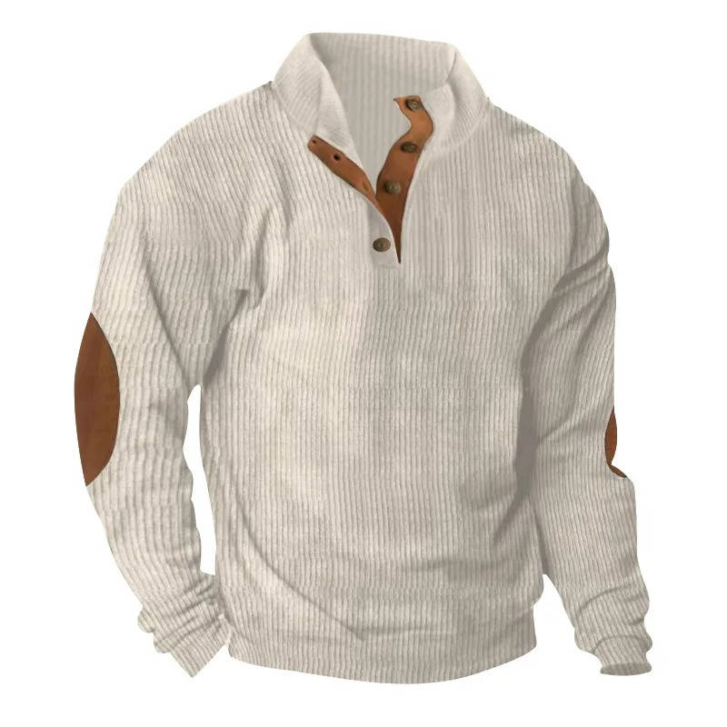 Button Neck Pullover Sweater with Fleece Lining and Elbow Patches, Machine Washable