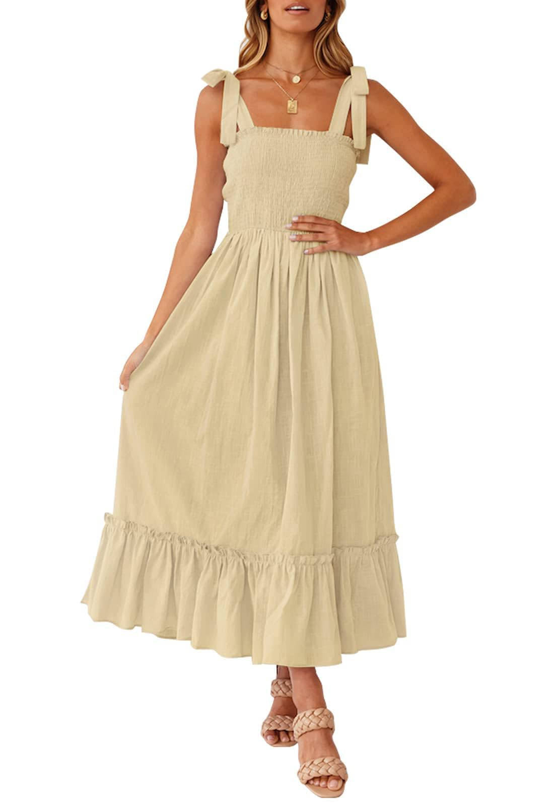 Womens Boho Maxi Dress, Square Neck Spaghetti Strap Ruffle a Line Beach Dress
