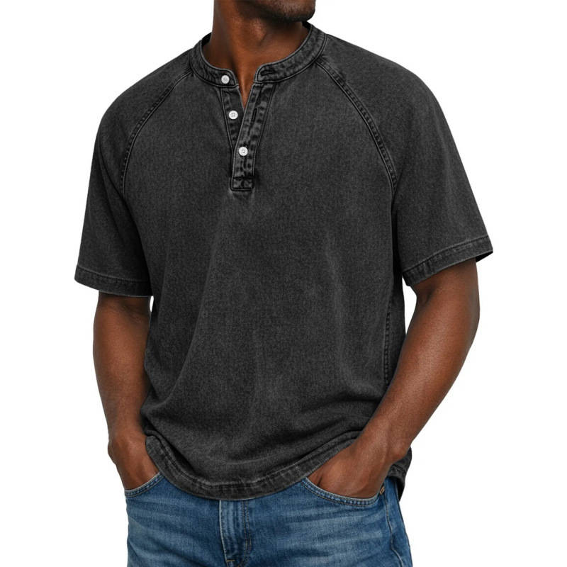 Men's Henley Shirt, Short Sleeve Acid Wash Pullover Tee, Vintage Casual Button Placket Top