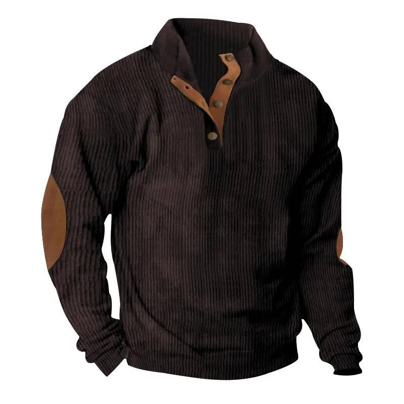 Button Neck Pullover Sweater with Fleece Lining and Elbow Patches, Machine Washable