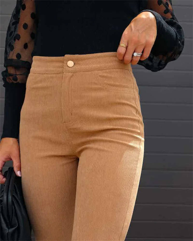 Stretchy High-Rise Corduroy Flare Pants with Four Functional Pockets