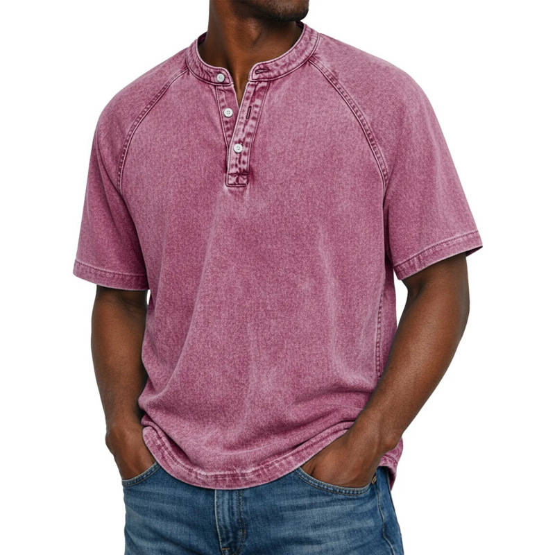 Men's Henley Shirt, Short Sleeve Acid Wash Pullover Tee, Vintage Casual Button Placket Top
