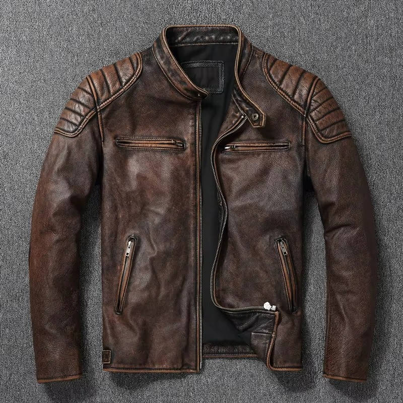 Quilted Motorcycle Jacket with Snap Collar and Four Pockets, Full Length Zipper
