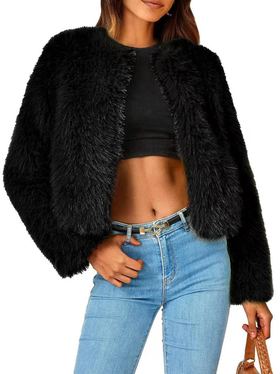 Womens Cropped Faux Fur Jacket, Fluffy Shaggy Long Sleeve Short Coat