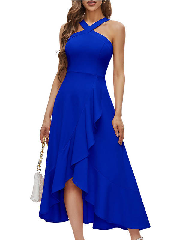 Womens Halter Formal Dress, Ruffled Hi Lo Maxi Wedding Guest and Bridesmaid Dress