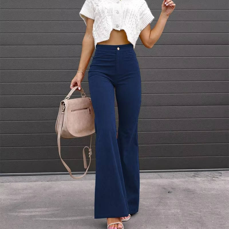Stretchy High-Rise Corduroy Flare Pants with Four Functional Pockets