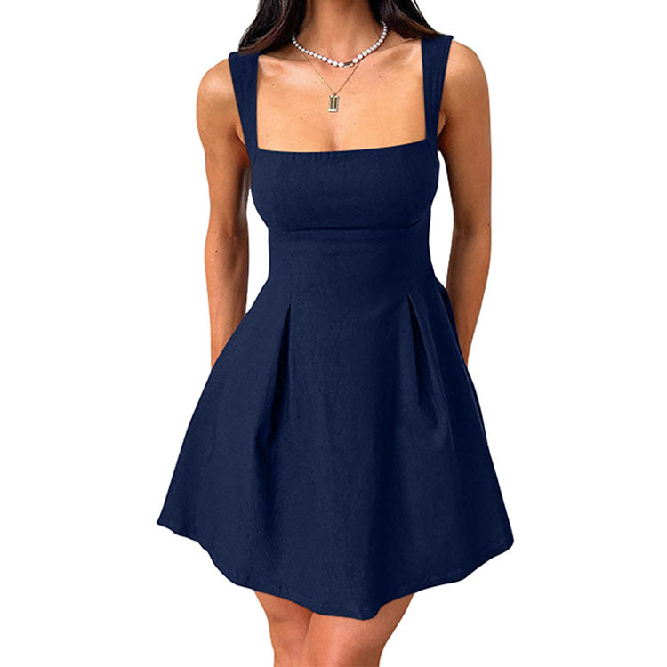 Womens Little Dress, Sexy Sleeveless Square Neck LBD Dress with Bow Tie A Line Mini Design