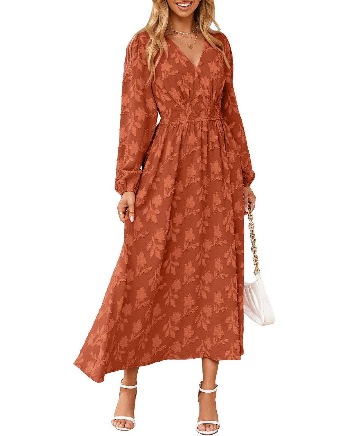 Womens Floral Maxi Dress, Long Sleeve V Neck Empire Waist Boho Fall Wedding Guest Dress with Pockets