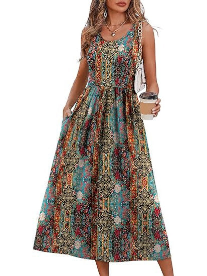 Womens Little Dress, Flowy Casual Midi Beach Vacation Sundress with Pockets
