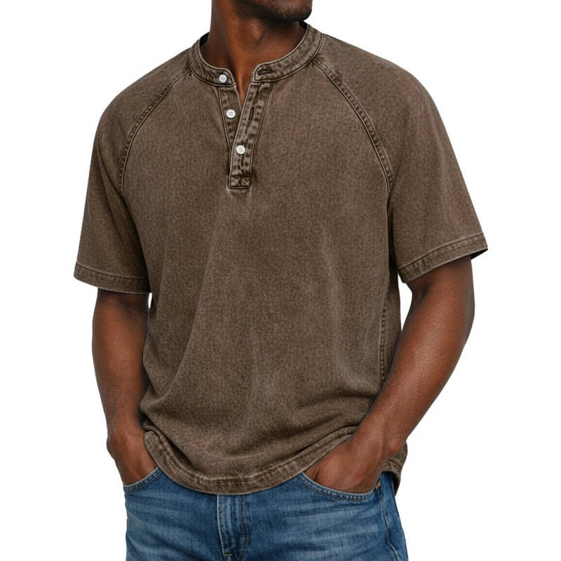 Men's Henley Shirt, Short Sleeve Acid Wash Pullover Tee, Vintage Casual Button Placket Top