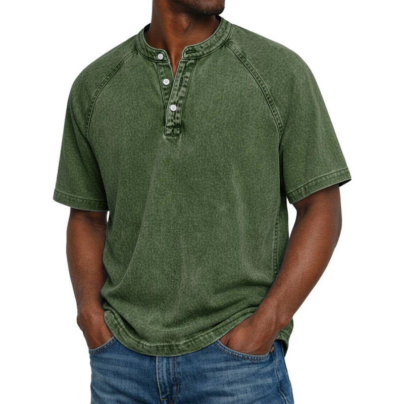 Men's Henley Shirt, Short Sleeve Acid Wash Pullover Tee, Vintage Casual Button Placket Top