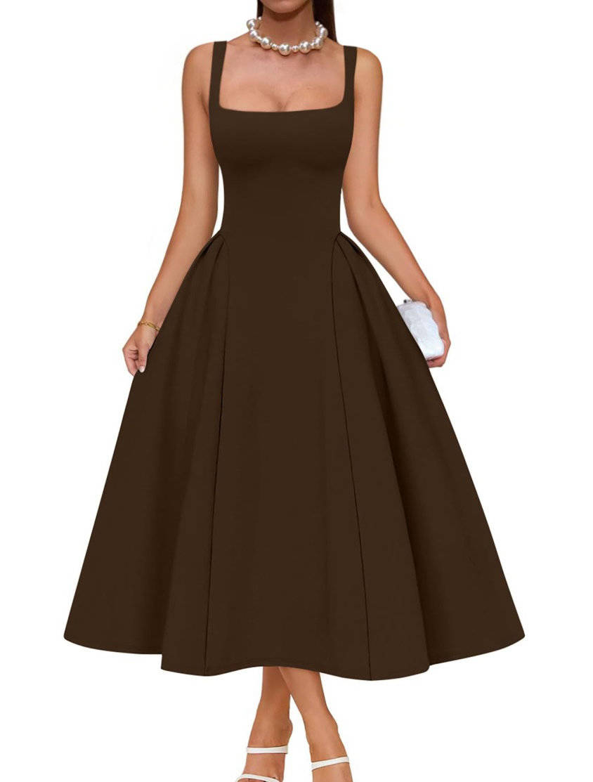 Womens Square Neck A Line Midi Dress, Elegant Wedding Guest and Evening Party Dress