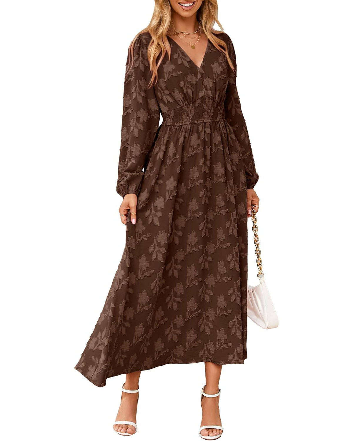 Womens Floral Maxi Dress, Long Sleeve V Neck Empire Waist Boho Fall Wedding Guest Dress with Pockets