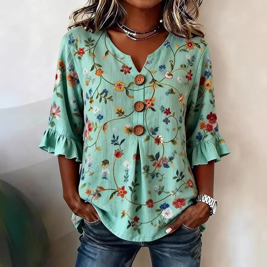 Women's Floral Print Linen Blouse, Vintage V Neck Sleeve Shirt, Casual Ruffle Cuff Button Down Tops
