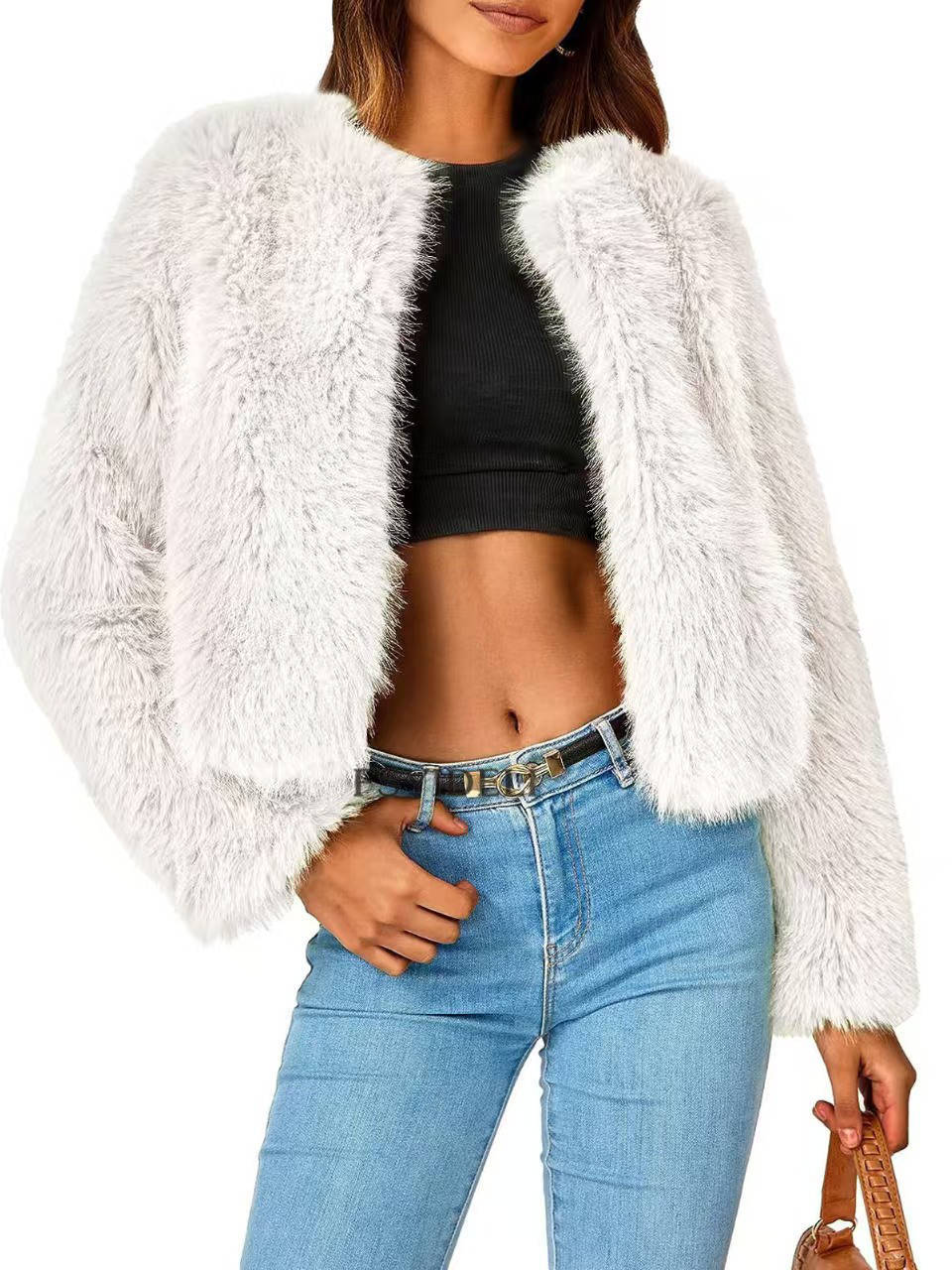 Womens Cropped Faux Fur Jacket, Fluffy Shaggy Long Sleeve Short Coat