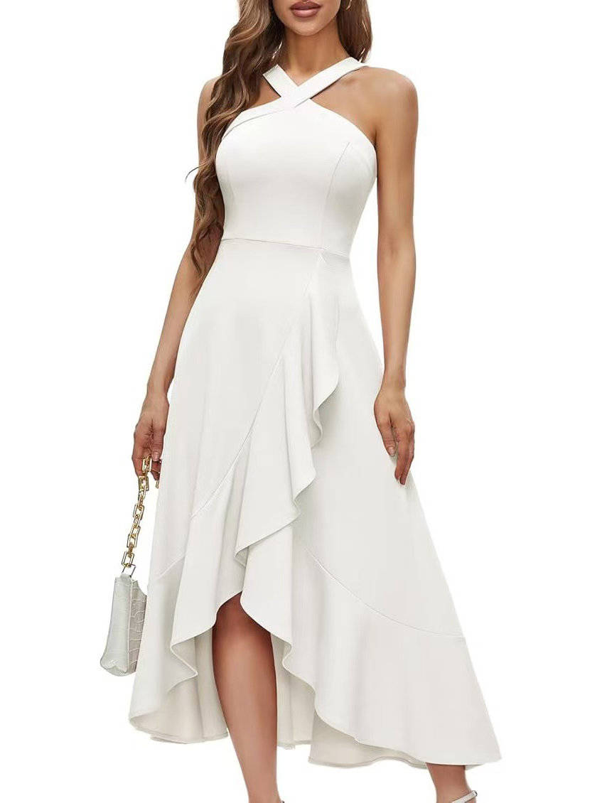 Womens Halter Formal Dress, Ruffled Hi Lo Maxi Wedding Guest and Bridesmaid Dress