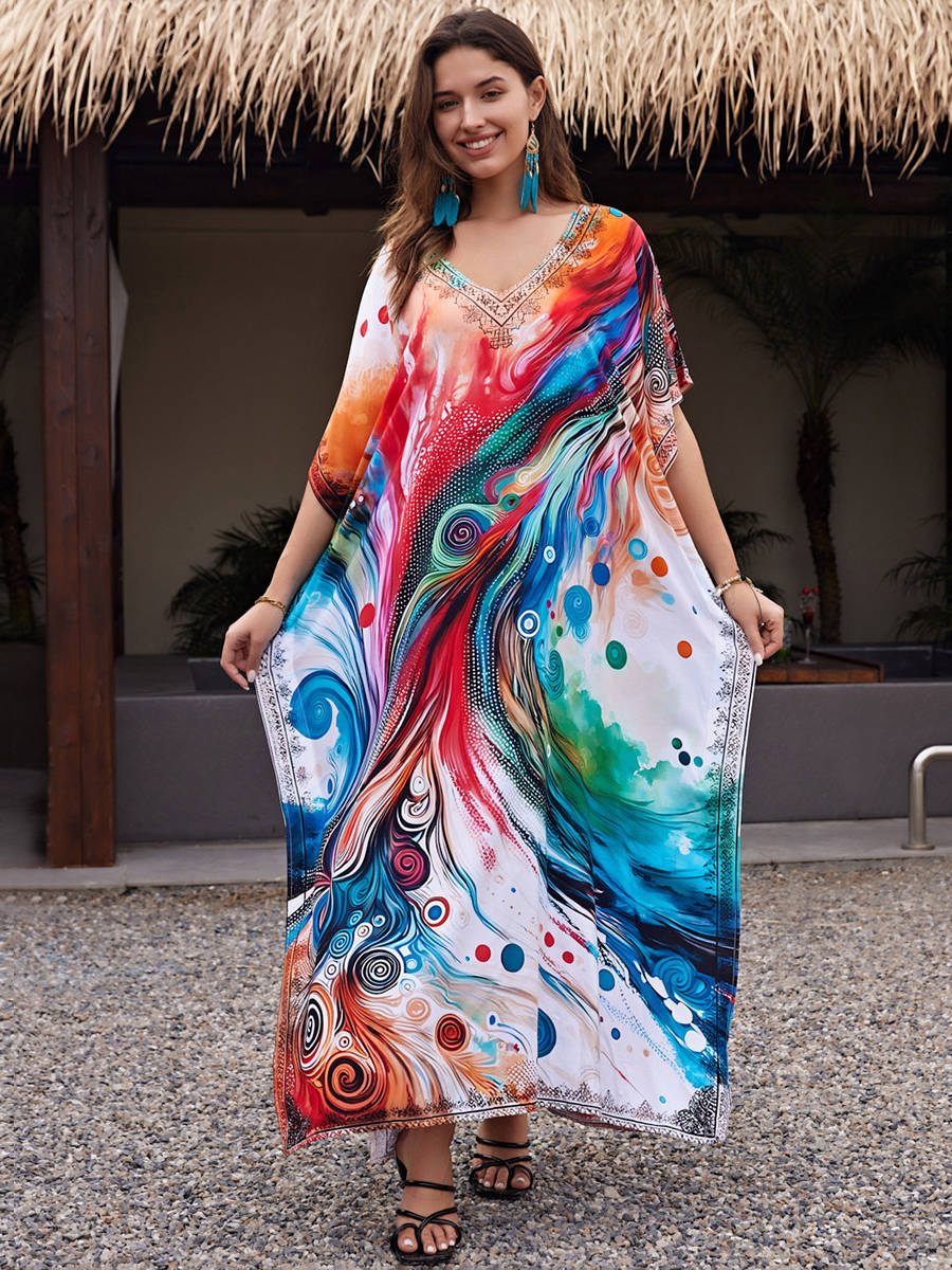 Moomoo Dresses for Women, Plus Size Loose Fit Moroccan Print V Neck Batwing Kaftan Beach Dress