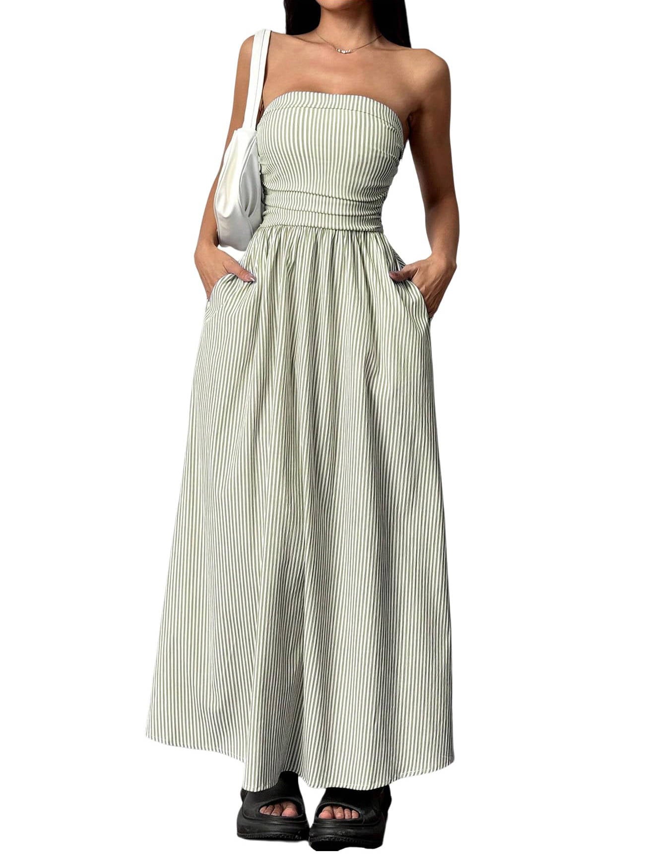 Womens Striped Strapless Maxi Dress, Casual Tube Top Summer Dress with Pockets