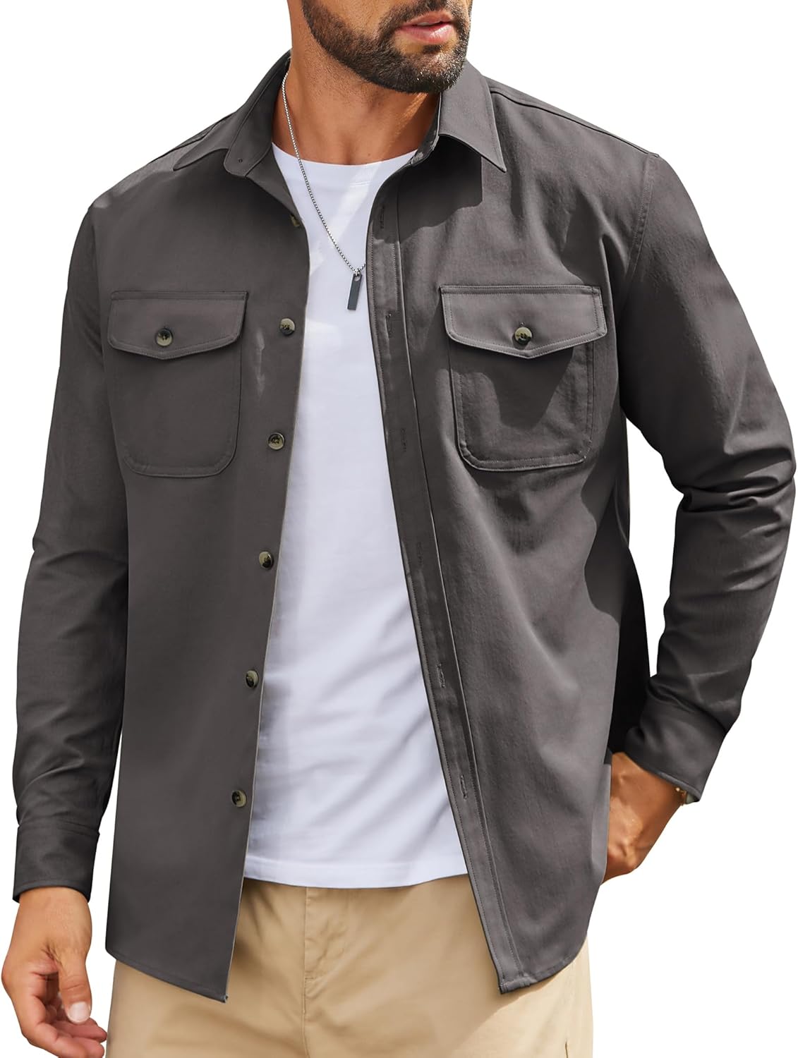 Mens Long Sleeve Button Down Work Shirt, Casual Workwear Shirt with Flap Pockets