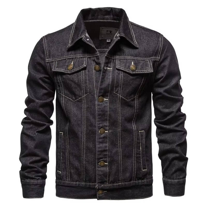 Mens Denim Jacket with Button Front and Four Pockets Hip Length