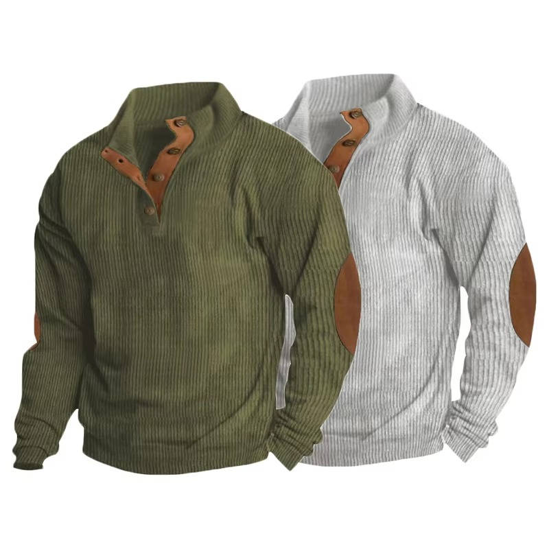 Button Neck Pullover Sweater with Fleece Lining and Elbow Patches, Machine Washable