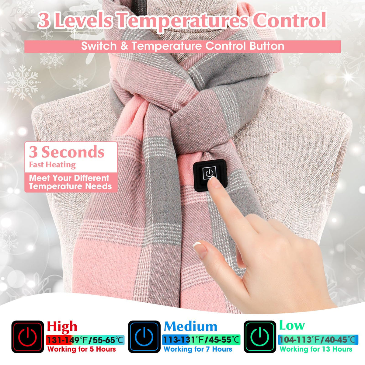 Womens Heated Scarf, Rechargeable Electric Neck Warmer with 5000mAh Battery and 3 Temperature Levels for Winter